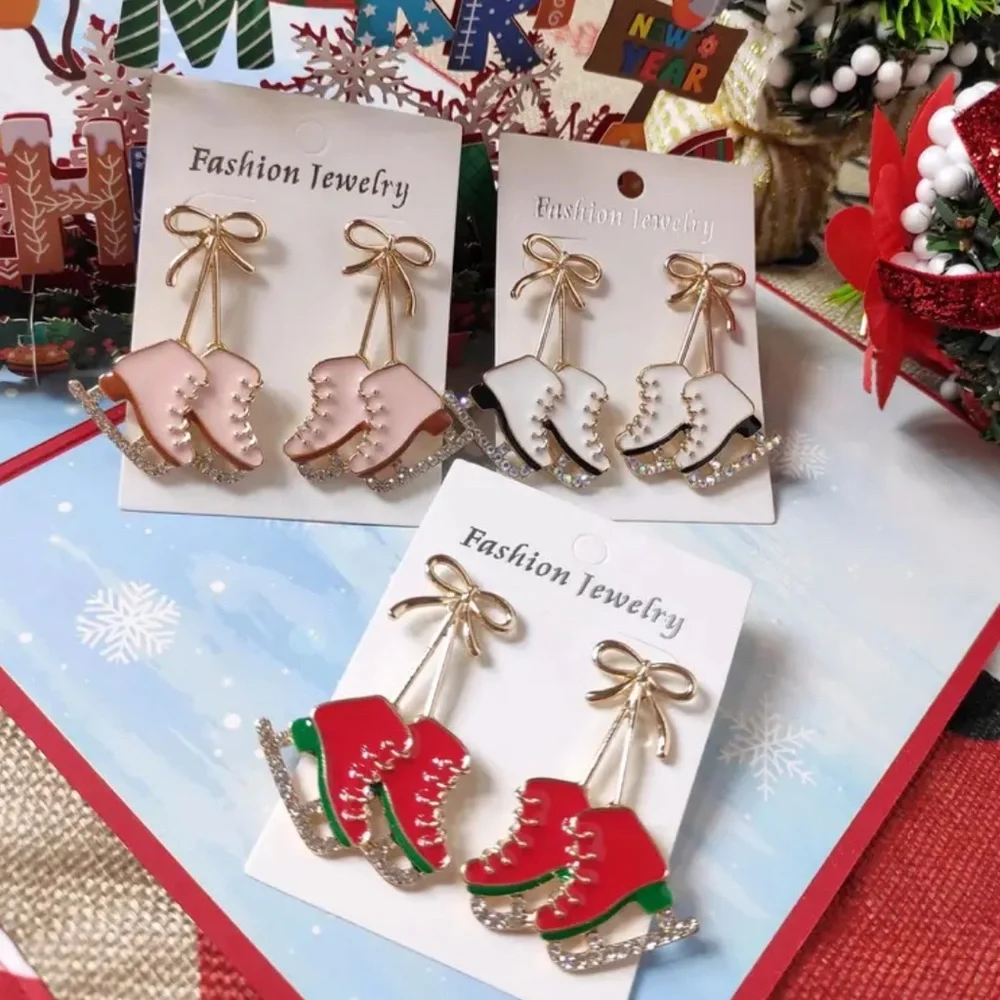 Gold Christmas Ice Skate Earrings,  Alloy Dangle Earrings, Stainless Steel, NEW